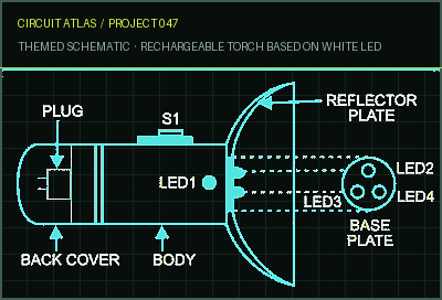 Circuit Atlas themed schematic for Rechargeable Torch Based on White LED Circuit Atlas themed schematic for Rechargeable Torch Based on White LED