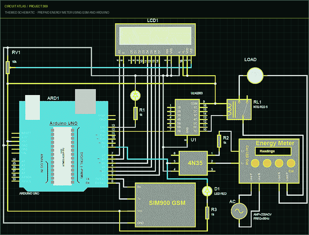 Circuit Atlas themed schematic for Prepaid Energy Meter using GSM and Arduino