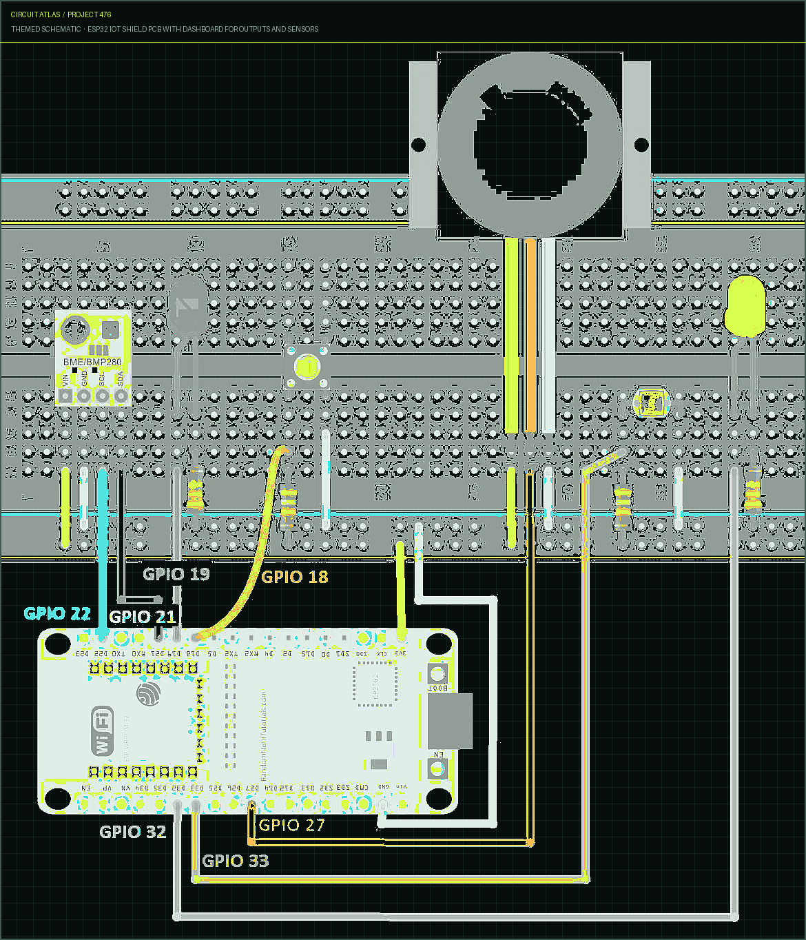 Circuit Atlas themed schematic for ESP32 IoT Shield PCB with Dashboard for Outputs and Sensors