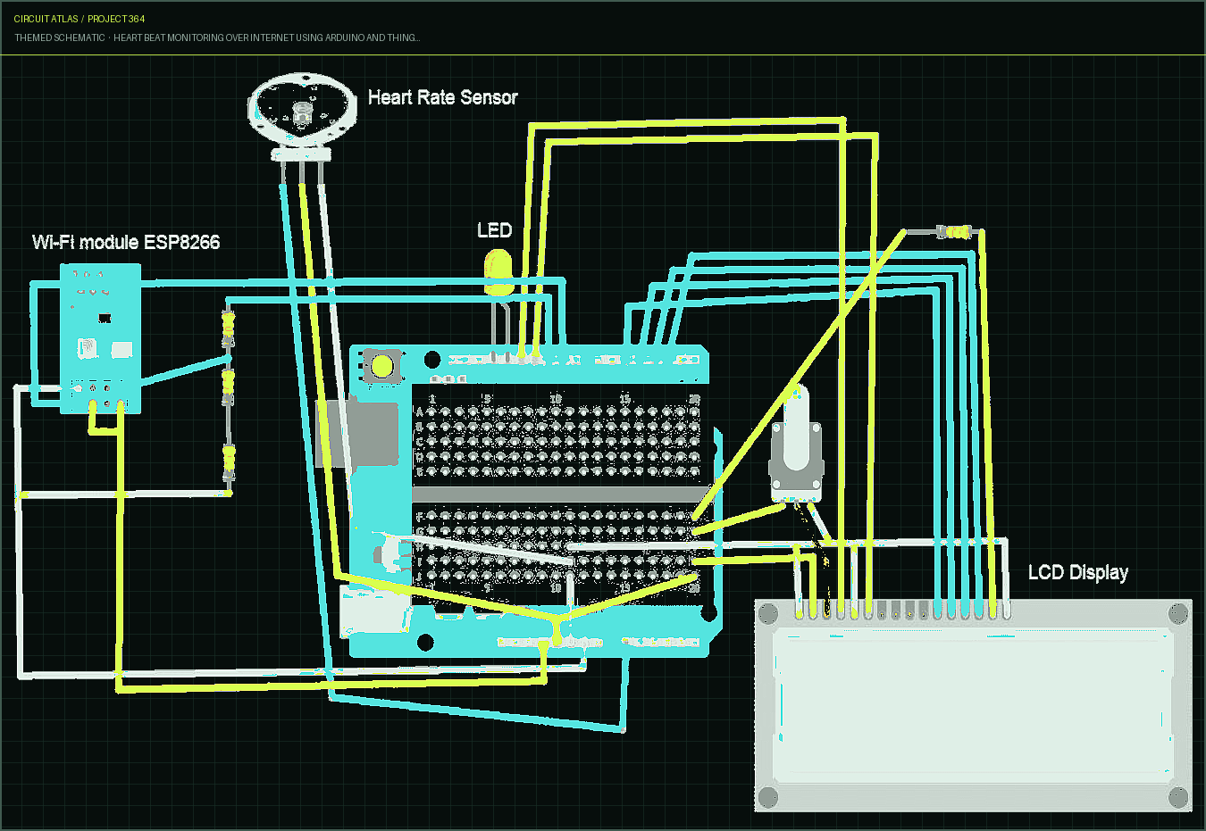 Circuit Atlas themed schematic for Heart Beat Monitoring over Internet using Arduino and ThingSpeak