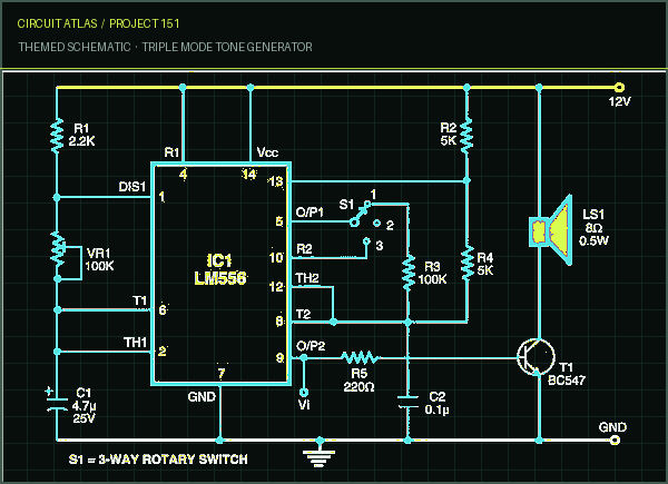 Circuit Atlas themed schematic for Triple Mode Tone Generator