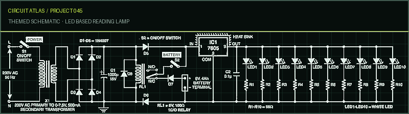 Circuit Atlas themed schematic for LED Based Reading Lamp