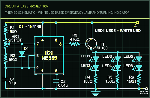 Circuit Atlas themed schematic for White LED Based Emergency Lamp and Turning Indicator