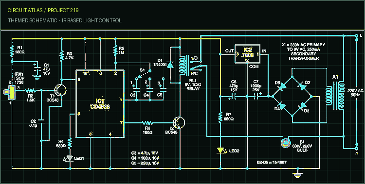 Circuit Atlas themed schematic for IR Based Light Control