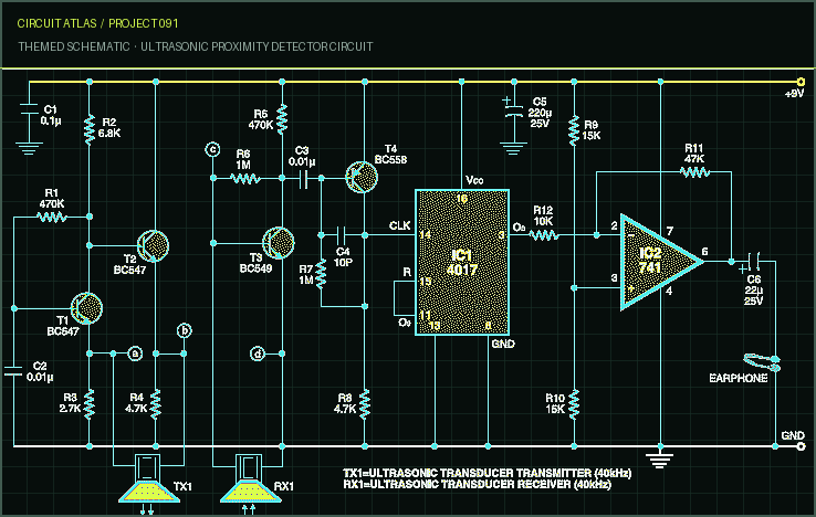 Circuit Atlas themed schematic for Ultrasonic Proximity Detector circuit