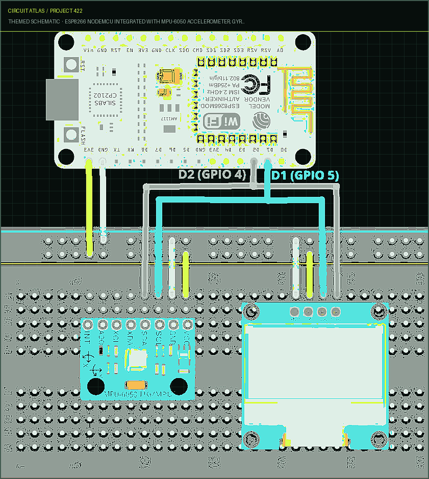 Circuit Atlas themed schematic for ESP8266 NodeMCU Integrated with MPU-6050 Accelerometer, Gyroscope, and Temperature Sensor (Arduino) Circuit Atlas themed schematic for ESP8266 NodeMCU Integrated with MPU-6050 Accelerometer, Gyroscope, and Temperature Sensor (Arduino)