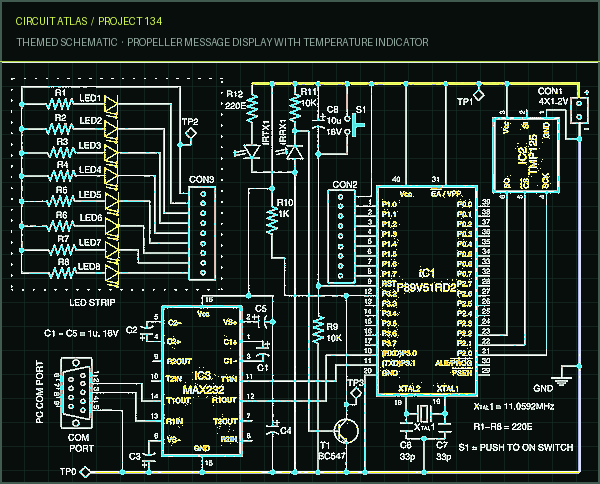 Circuit Atlas themed schematic for Propeller Message Display with Temperature Indicator