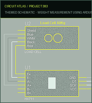 Circuit Atlas themed schematic for Weight measurement using Arduino, the HX711 Module, and a load cell