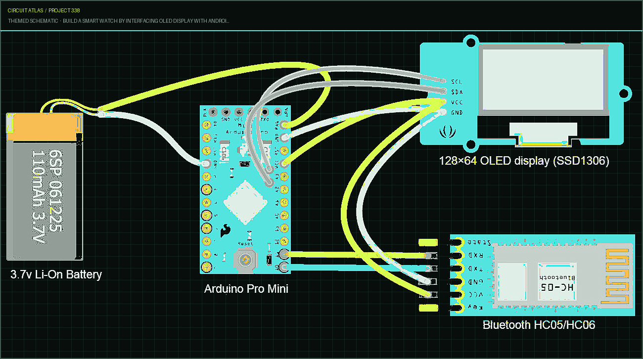 Circuit Atlas themed schematic for Build a Smart Watch by Interfacing OLED Display with Android Phone using Arduino
