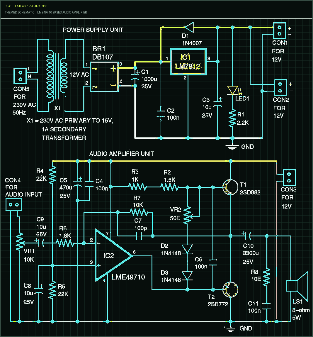 Circuit Atlas themed schematic for LME49710 Based Audio Amplifier
