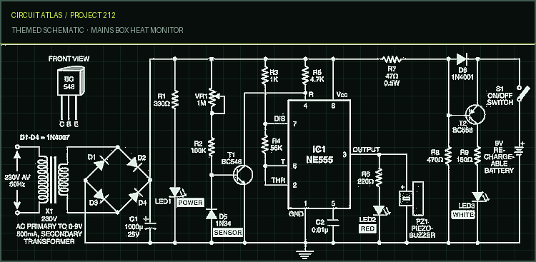 Circuit Atlas themed schematic for Mains Box Heat Monitor