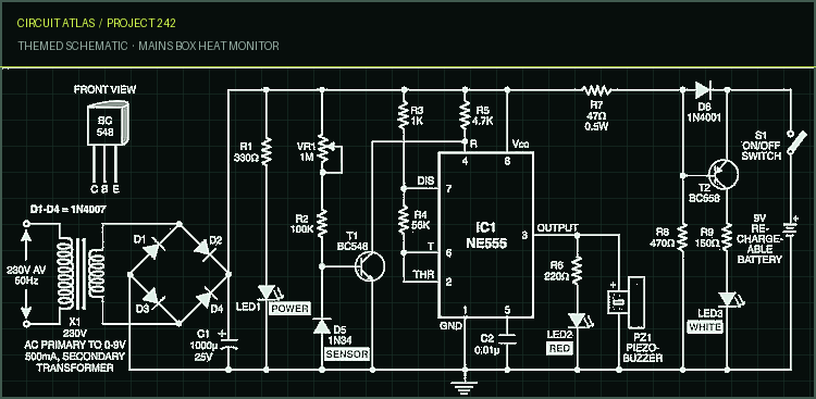 Circuit Atlas themed schematic for Mains Box Heat Monitor