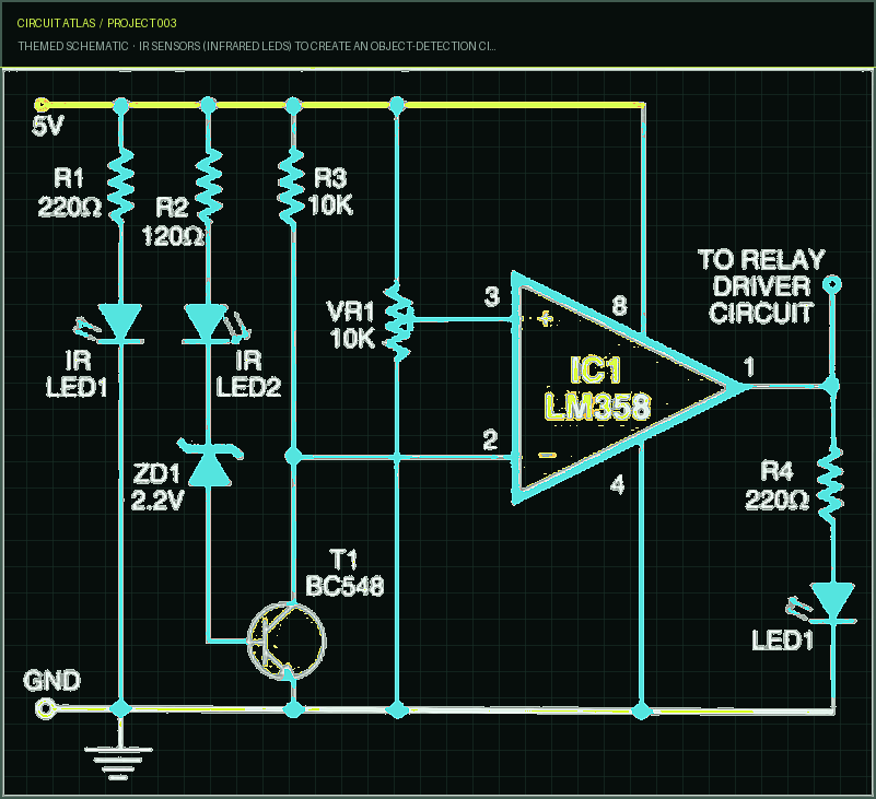 Circuit Atlas themed schematic for IR sensors (infrared LEDs) to create an object-detection circuit Circuit Atlas themed schematic for IR sensors (infrared LEDs) to create an object-detection circuit
