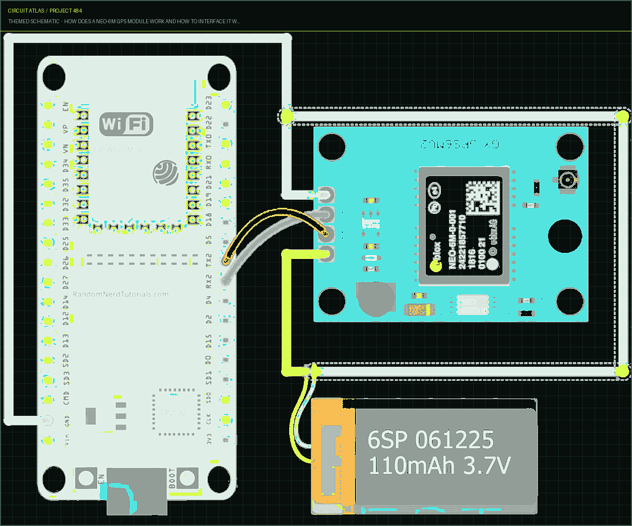 Circuit Atlas themed schematic for How Does a NEO-6M GPS Module Work and How to Interface it with ESP32