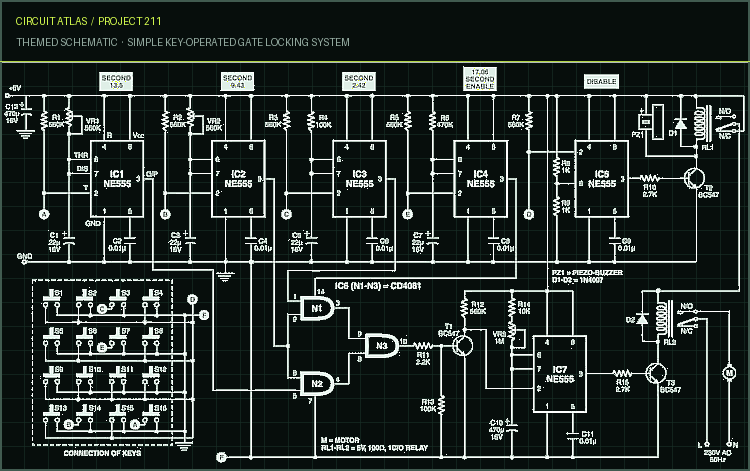 Circuit Atlas themed schematic for Simple Key-Operated Gate Locking System