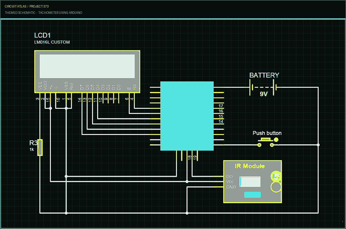 Circuit Atlas themed schematic for Tachometer using Arduino