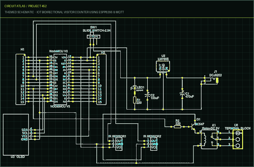 Circuit Atlas themed schematic for IoT Bidirectional Visitor Counter using ESPP8266 & MQTT