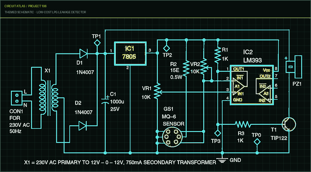 Circuit Atlas themed schematic for Low-Cost LPG Leakage Detector