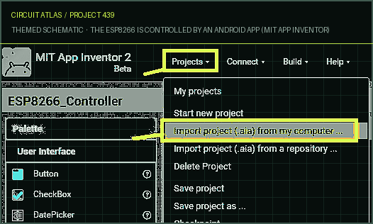 Circuit Atlas themed schematic for The ESP8266 is controlled by an Android app (MIT App Inventor)