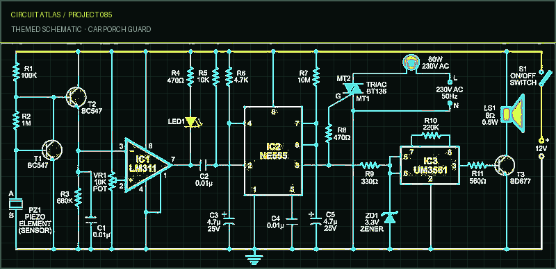 Circuit Atlas themed schematic for Car Porch Guard
