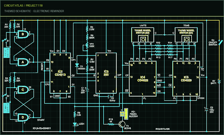 Circuit Atlas themed schematic for Electronic Reminder