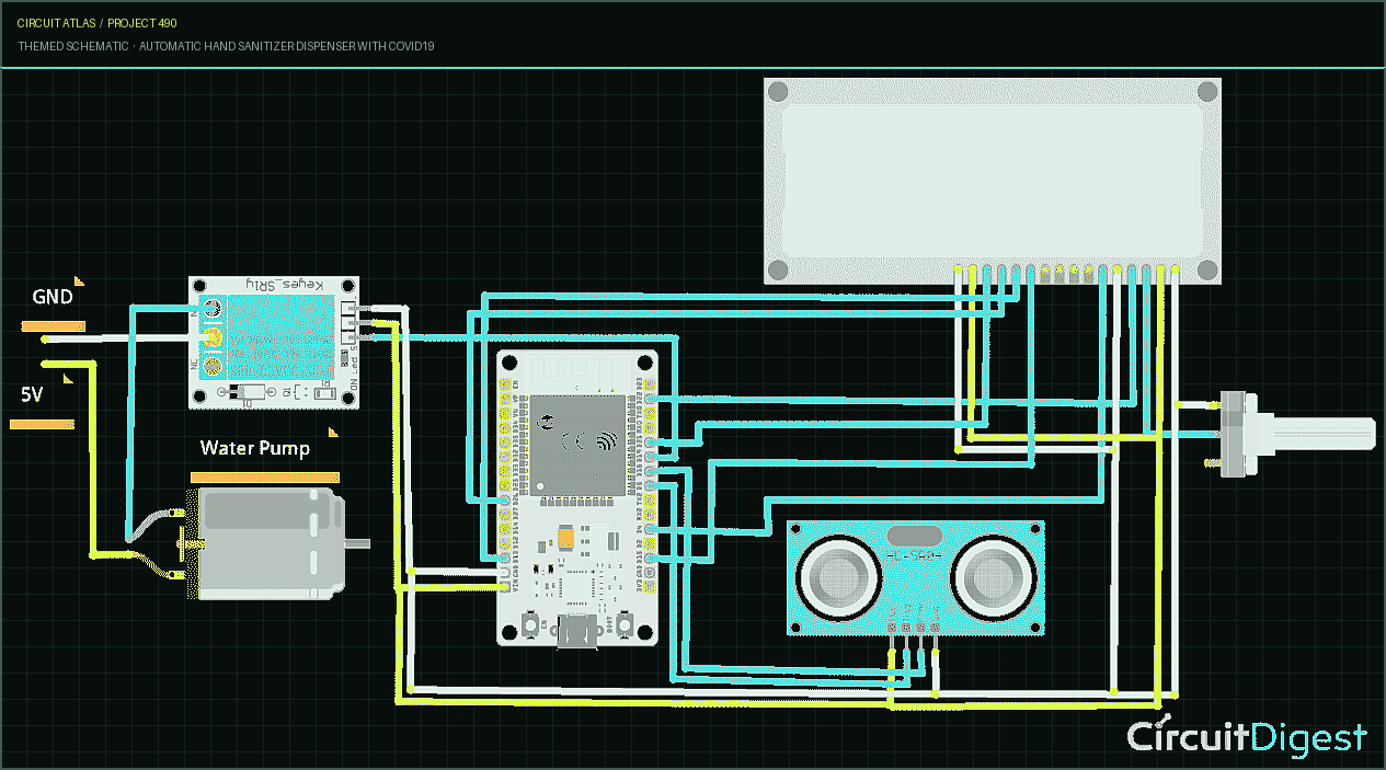 Circuit Atlas themed schematic for Automatic Hand Sanitizer Dispenser with COVID19