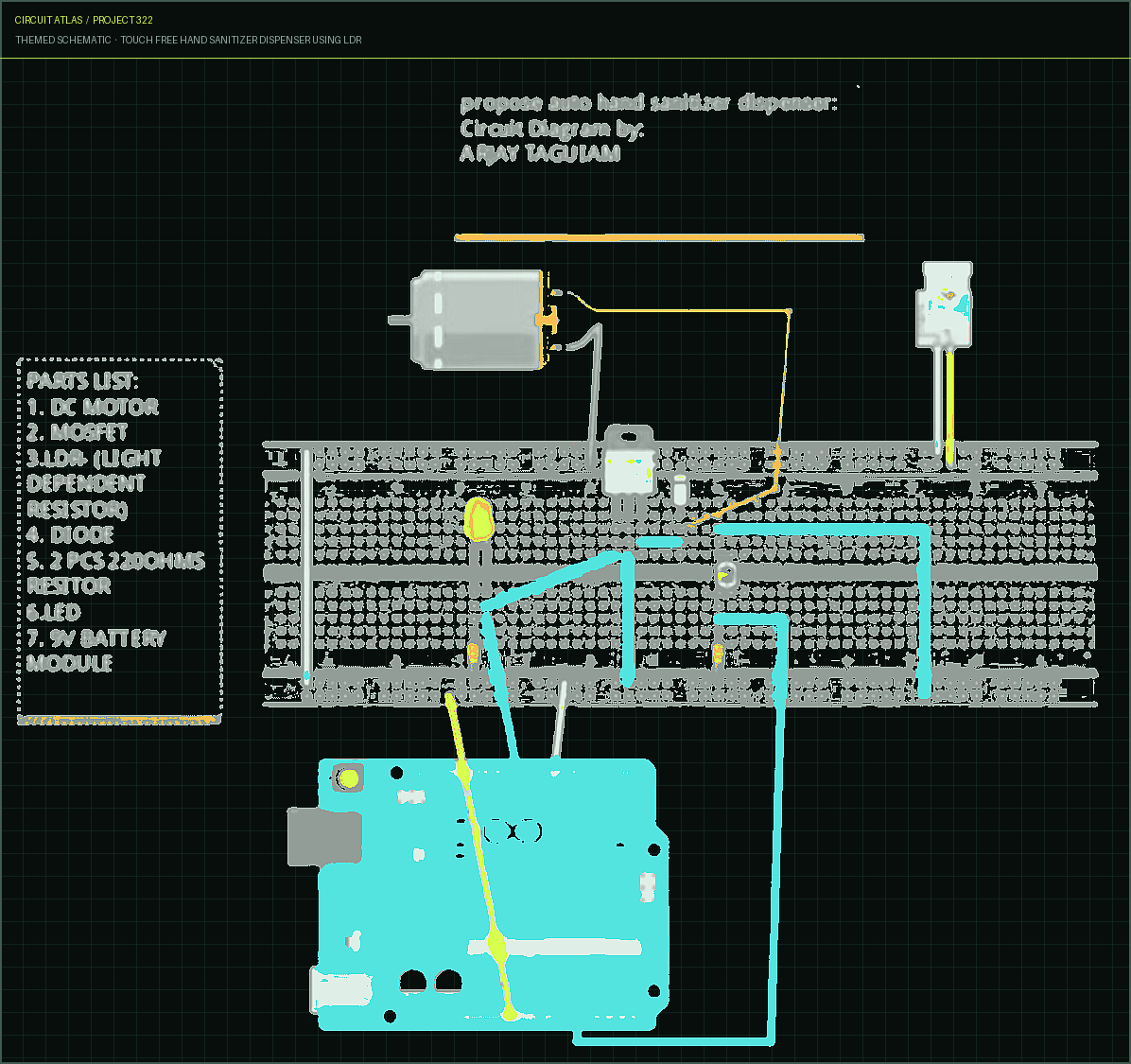 Circuit Atlas themed schematic for Touch Free Hand sanitizer dispenser using LDR
