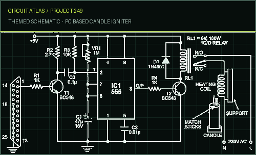 Circuit Atlas themed schematic for PC Based Candle Igniter