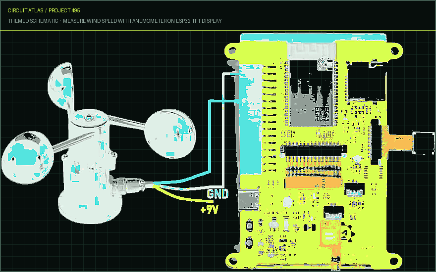 Circuit Atlas themed schematic for Measure Wind Speed with Anemometer on ESP32 TFT Display