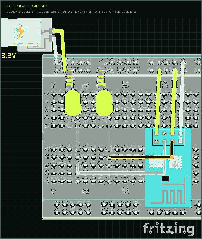 Circuit Atlas themed schematic for The ESP8266 is controlled by an Android app (MIT App Inventor)