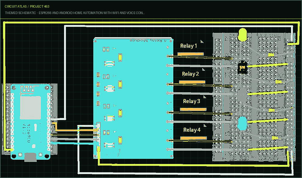 Circuit Atlas themed schematic for ESP8266 and Android Home Automation with WiFi and Voice Control