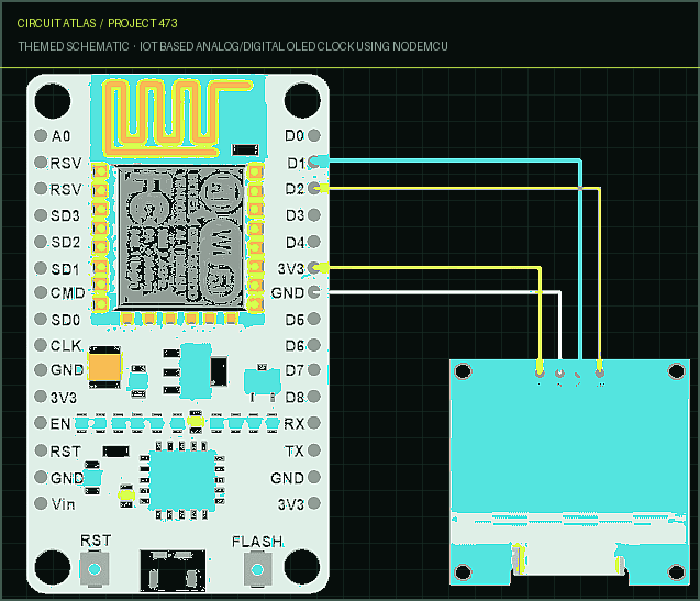 Circuit Atlas themed schematic for IoT Based Analog/Digital OLED Clock using NodeMCU