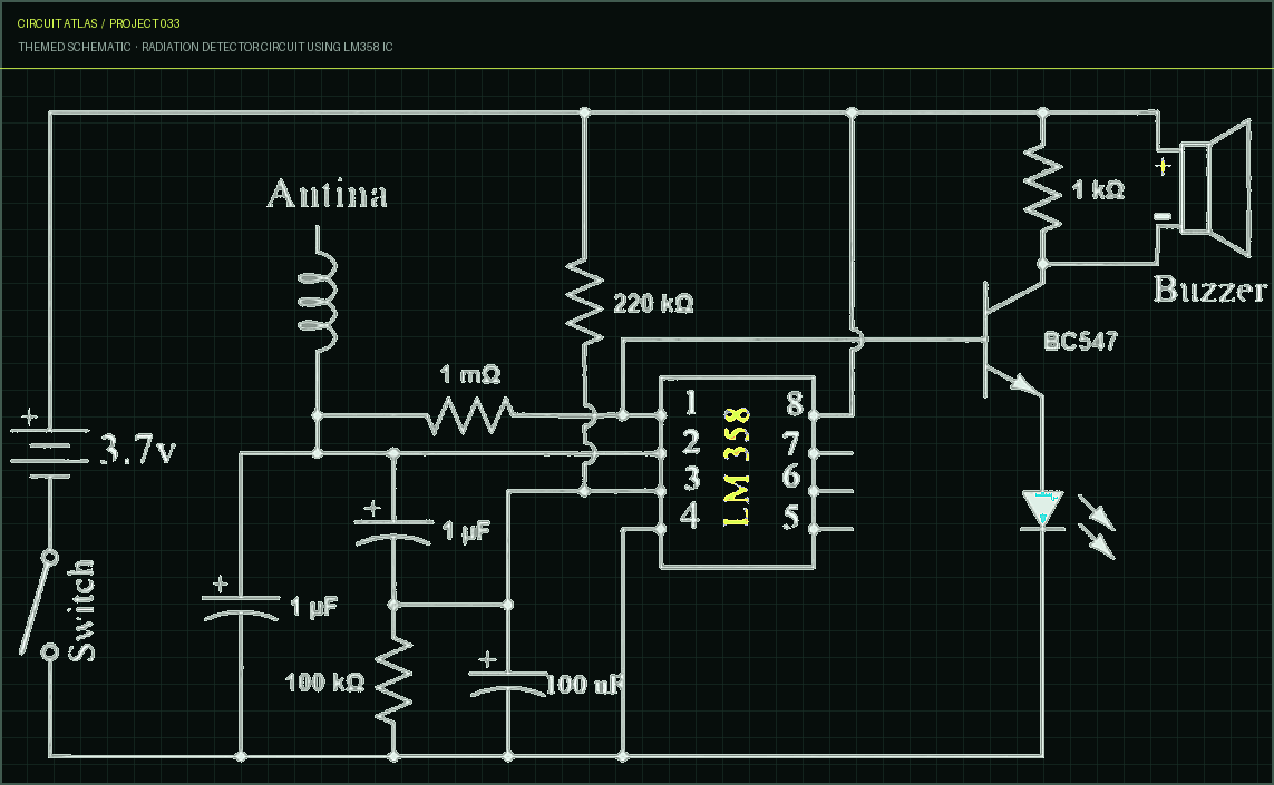 Circuit Atlas themed schematic for Radiation Detector Circuit using LM358 IC