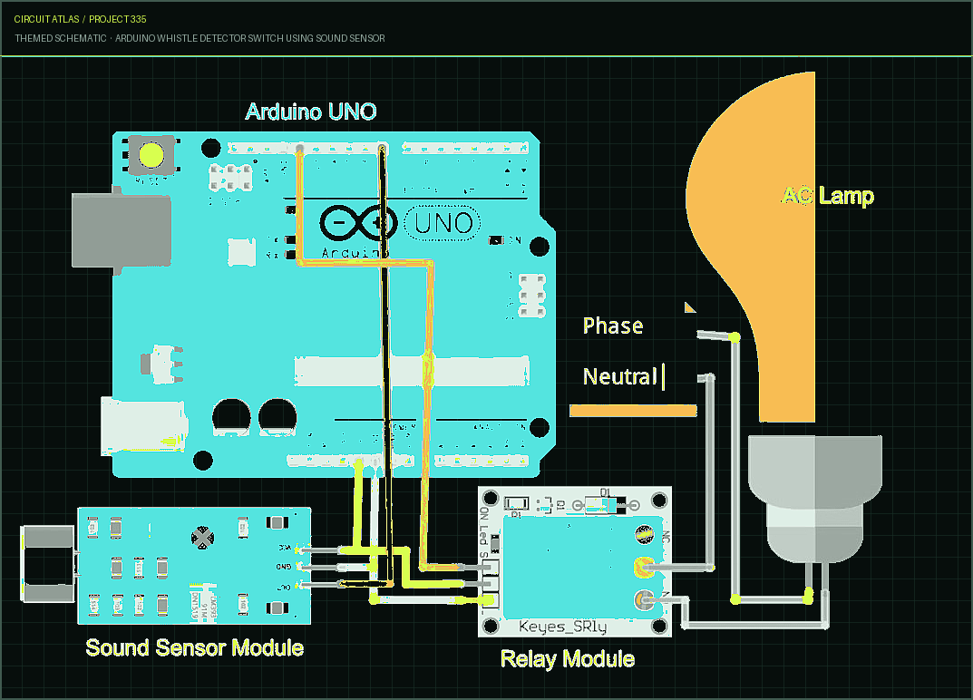 Circuit Atlas themed schematic for Arduino Whistle Detector Switch using Sound Sensor