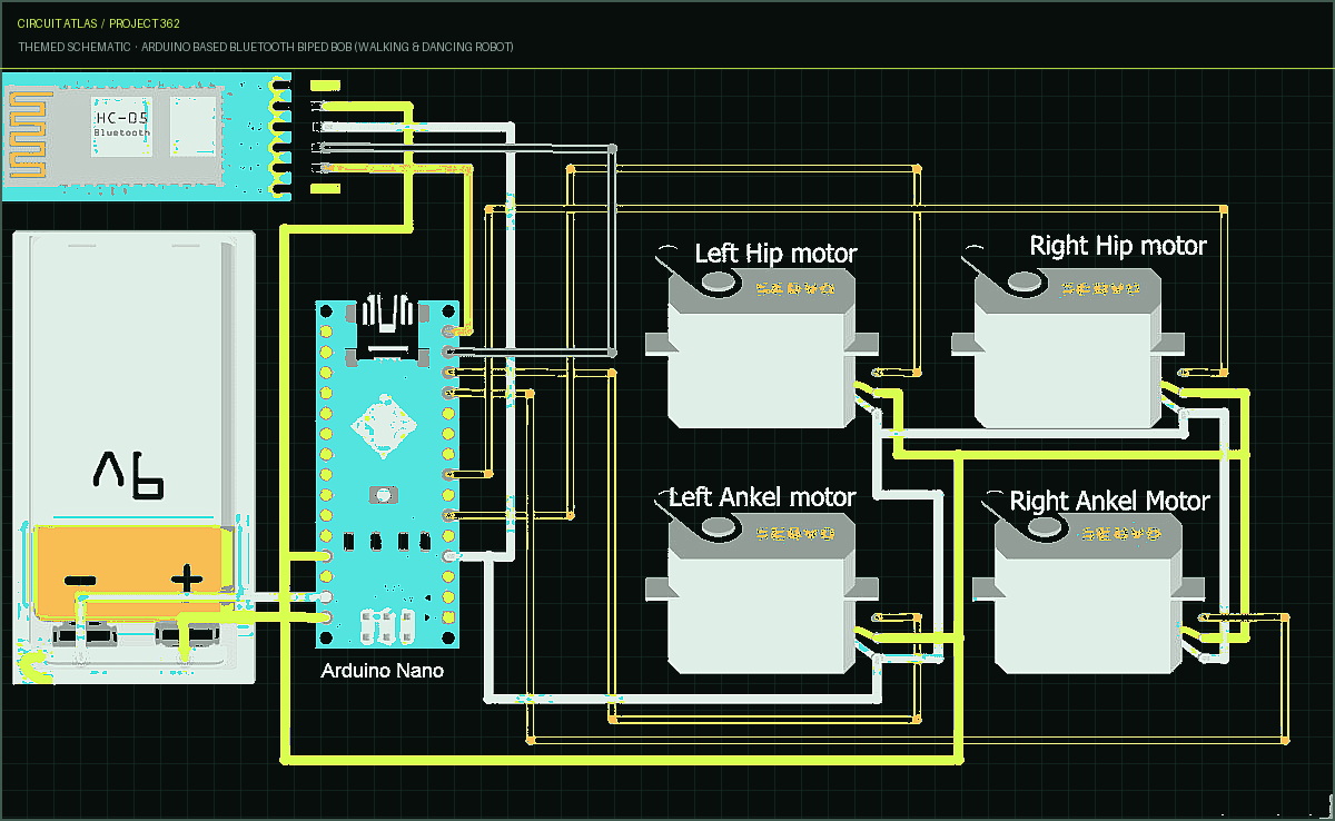 Circuit Atlas themed schematic for Arduino based Bluetooth Biped Bob (Walking & Dancing Robot)