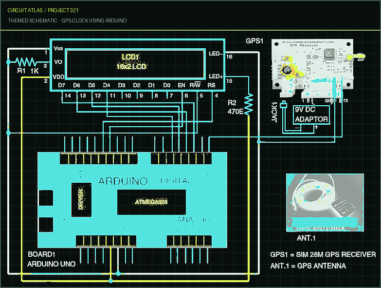 Circuit Atlas themed schematic for GPS Clock using Arduino