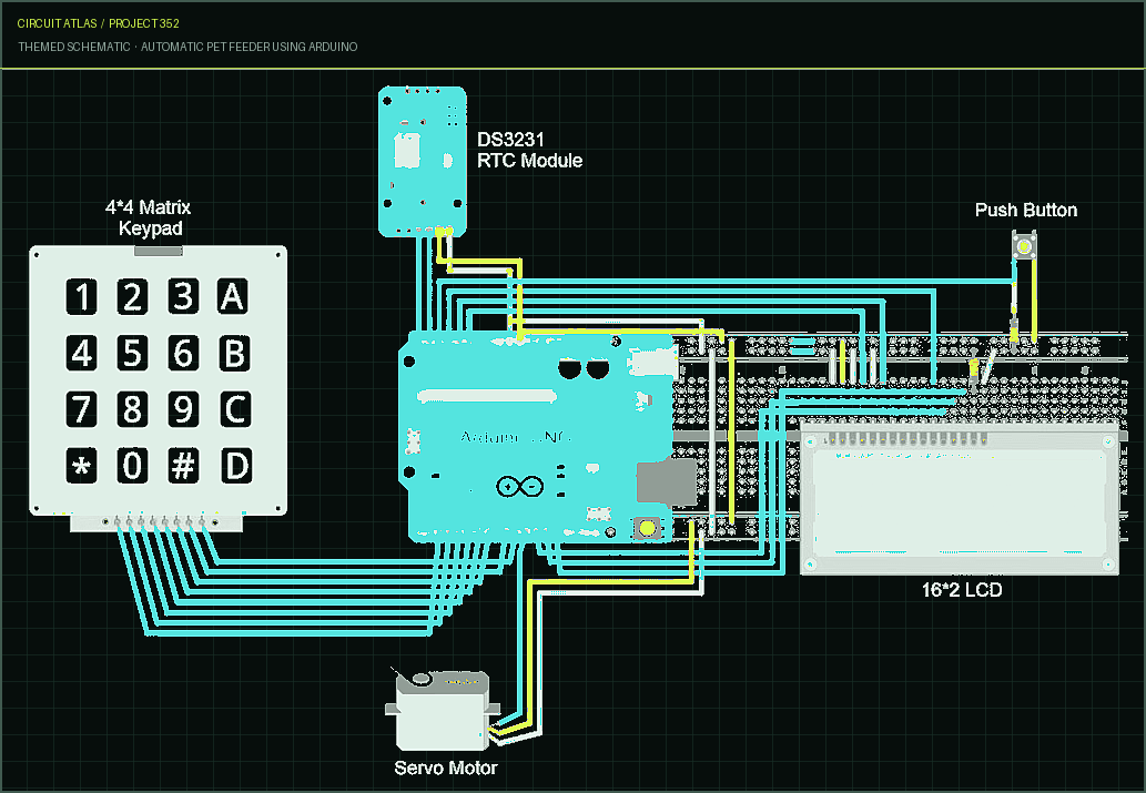 Circuit Atlas themed schematic for Automatic Pet Feeder using Arduino