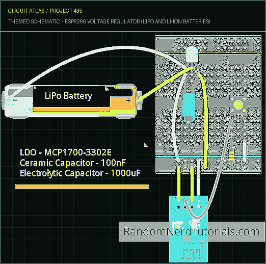 Circuit Atlas themed schematic for ESP8266 Voltage Regulator (LiPo and Li-ion Batteries)