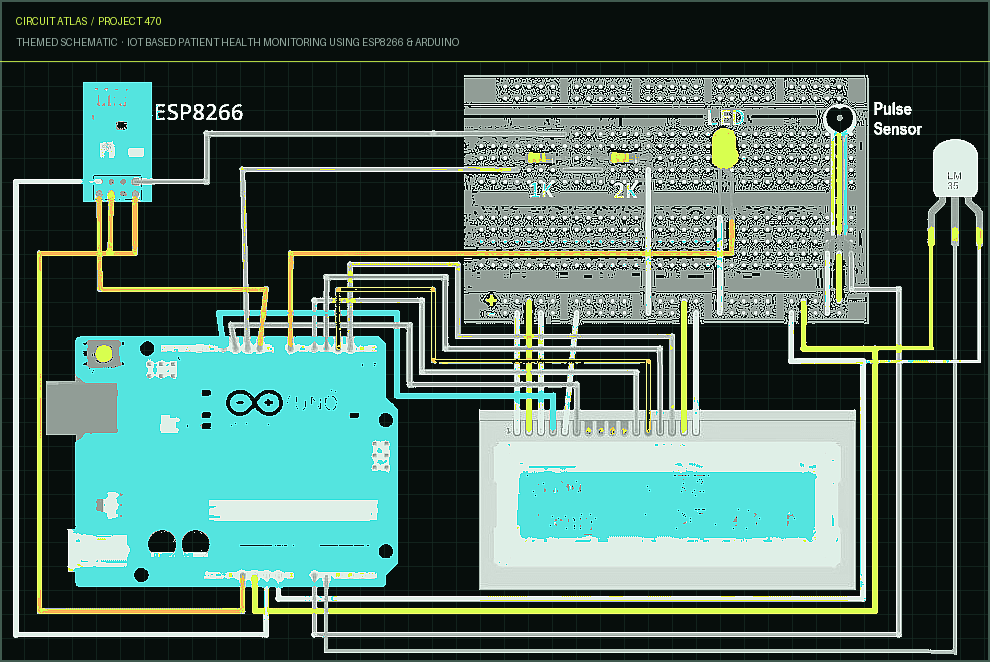 Circuit Atlas themed schematic for IoT Based Patient Health Monitoring using ESP8266 & Arduino